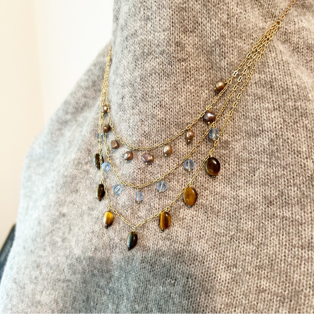 Lia Sophia Tigers Eye Multi-Strand Gold Tone Necklace Freshwater Pearl and Beads - Picture 2 of 5